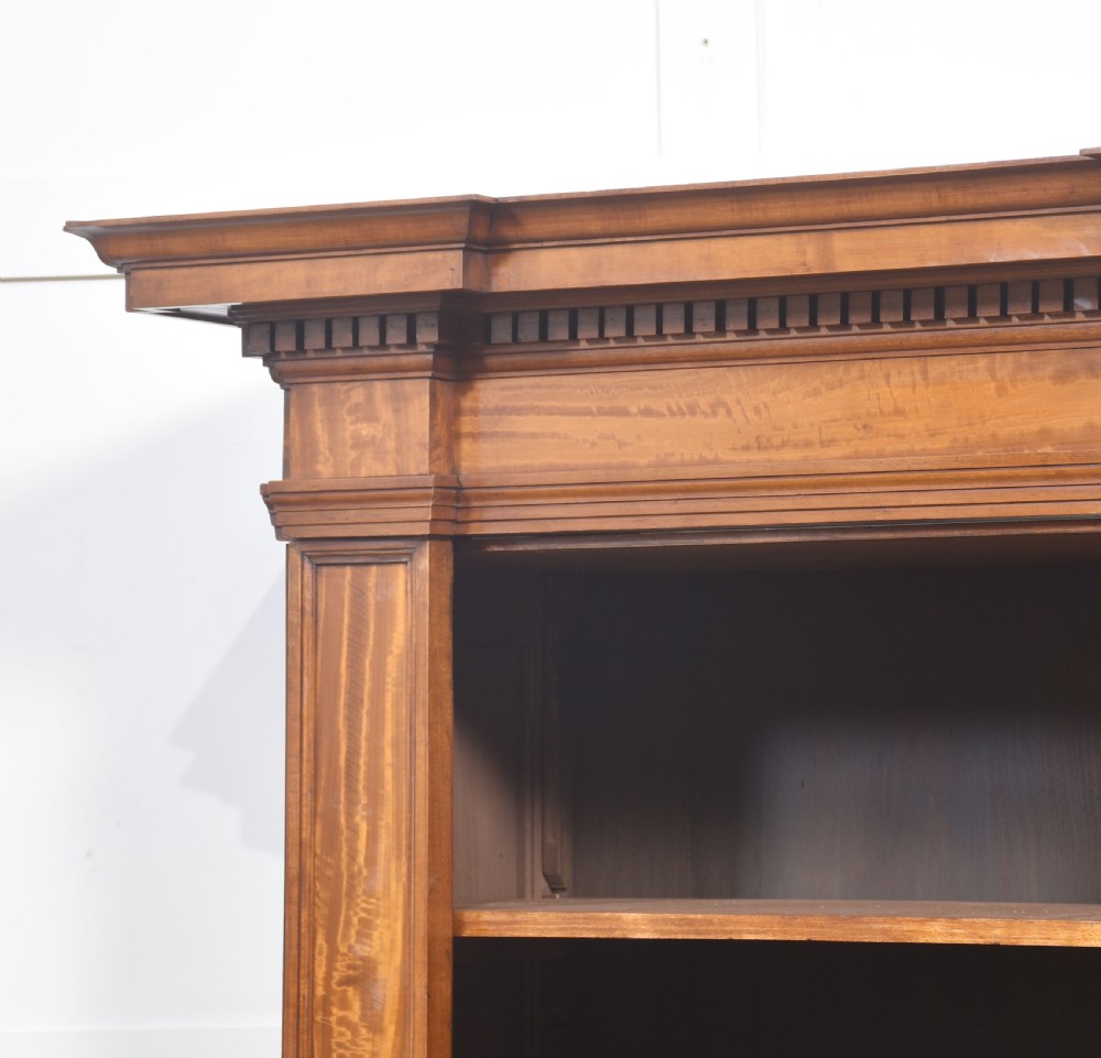 A tall antique golden brown satinwood open bookcase featuring five adjustable shelves, fluted side pilasters, and a moulded top cornice. View VIII
