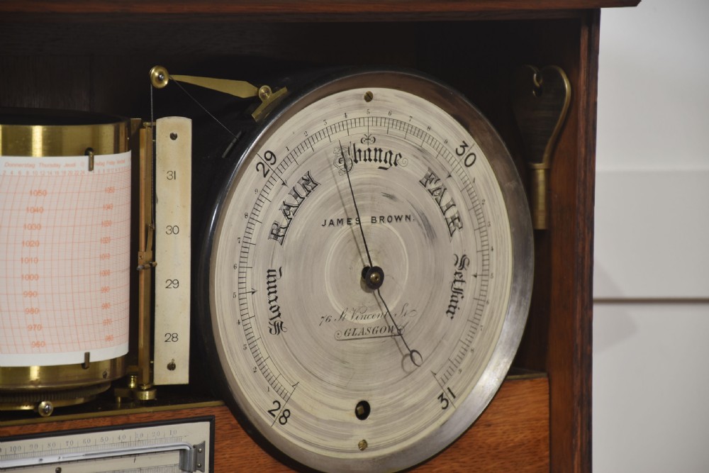 A glazed oak-cased antique weather station featuring a clock dial on the left, an aneroid barometer on the right, and a central paper drum barograph with an integrated thermometer. View VIII