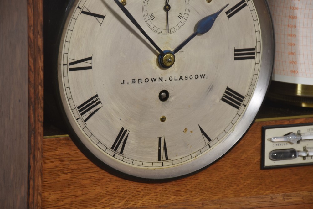 A glazed oak-cased antique weather station featuring a clock dial on the left, an aneroid barometer on the right, and a central paper drum barograph with an integrated thermometer. View IX