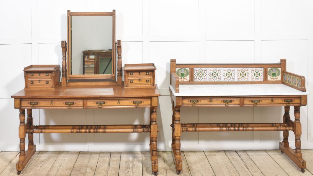 A pair of Aesthetic Movement bedroom tables comprising a marble-top tiled-back washstand and a matching dressing table with tilting mirror. View IX
