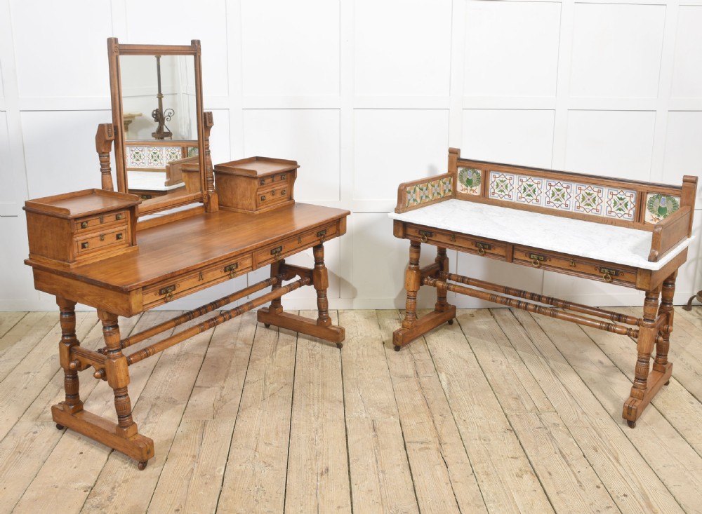 A pair of Aesthetic Movement bedroom tables comprising a marble-top tiled-back washstand and a matching dressing table with tilting mirror. View XIV