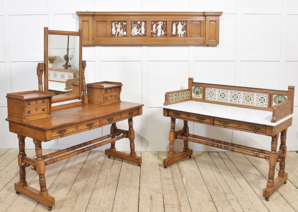A pair of Aesthetic Movement bedroom tables comprising a marble-top tiled-back washstand and a matching dressing table with tilting mirror. View XV