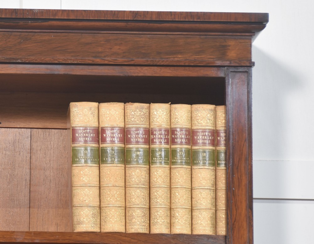 A tall 19th-century rosewood open bookcase with three upper shelves above a lower cabinet featuring two arched panel doors. View V