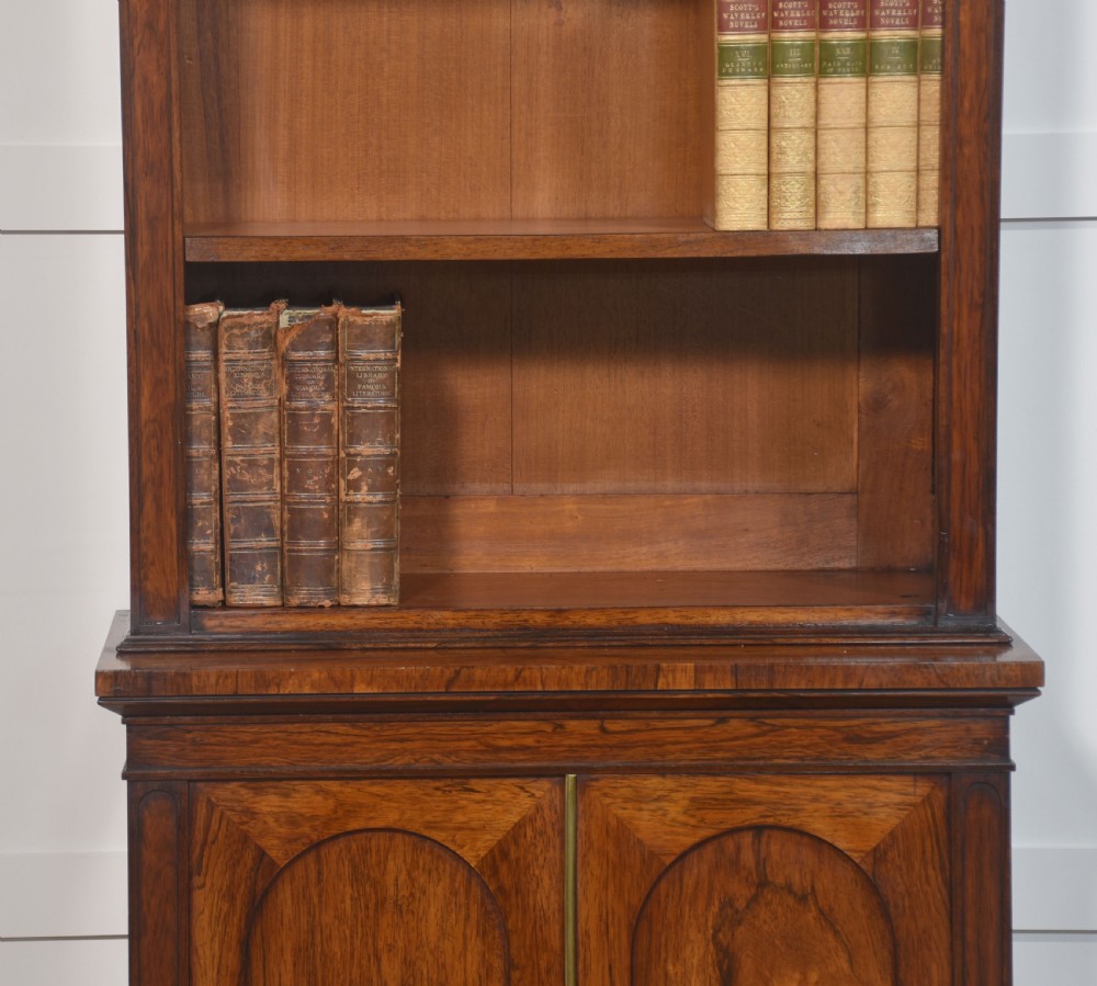 A tall 19th-century rosewood open bookcase with three upper shelves above a lower cabinet featuring two arched panel doors. View VI