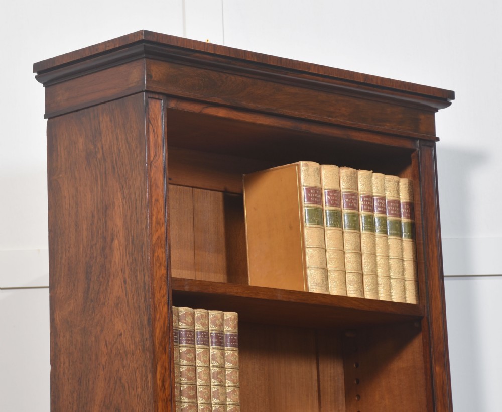 A tall 19th-century rosewood open bookcase with three upper shelves above a lower cabinet featuring two arched panel doors. View XI