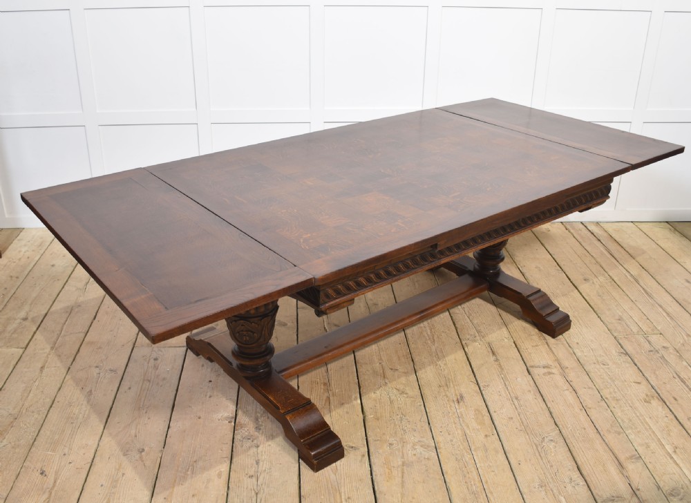 Large oak parquetry top refectory table View IX