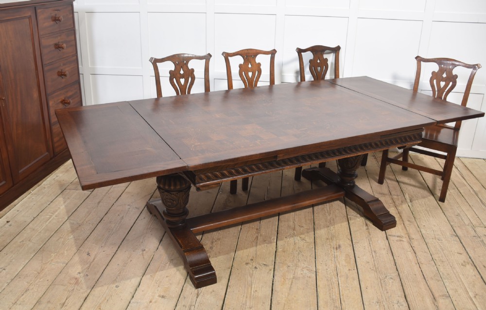 Large oak parquetry top refectory table View XI