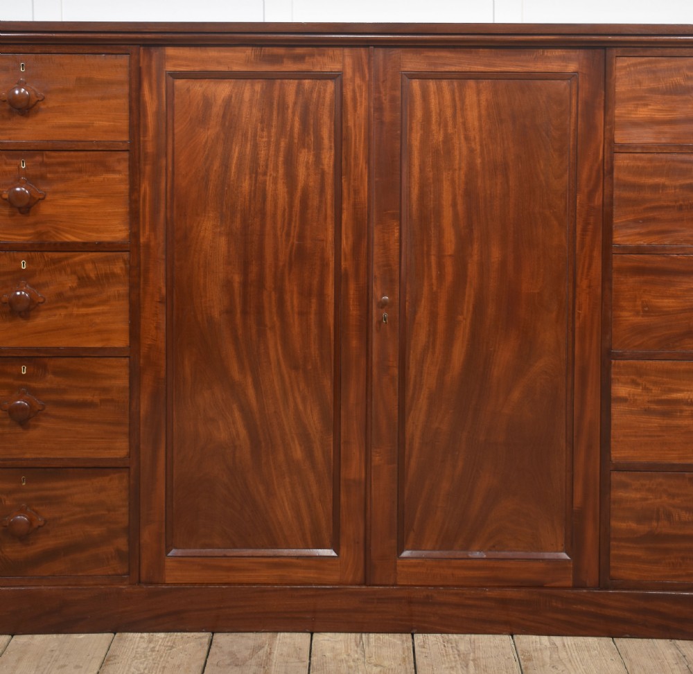 A 19th-century low mahogany linen press with a central double-door cupboard flanked by ten drawers with turned wooden knobs. View VI