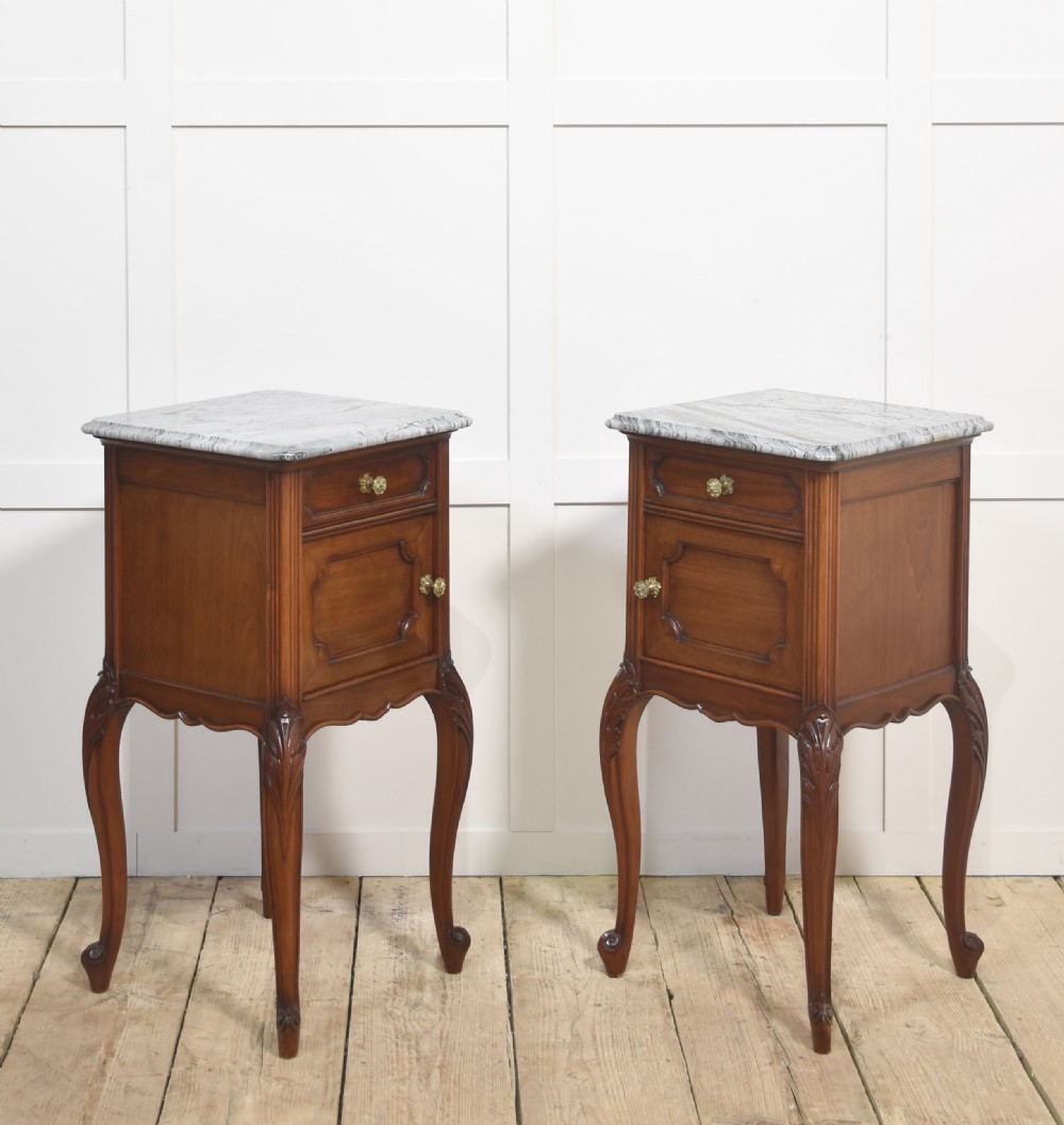 Pair of walnut marble top bedside cabinets View II