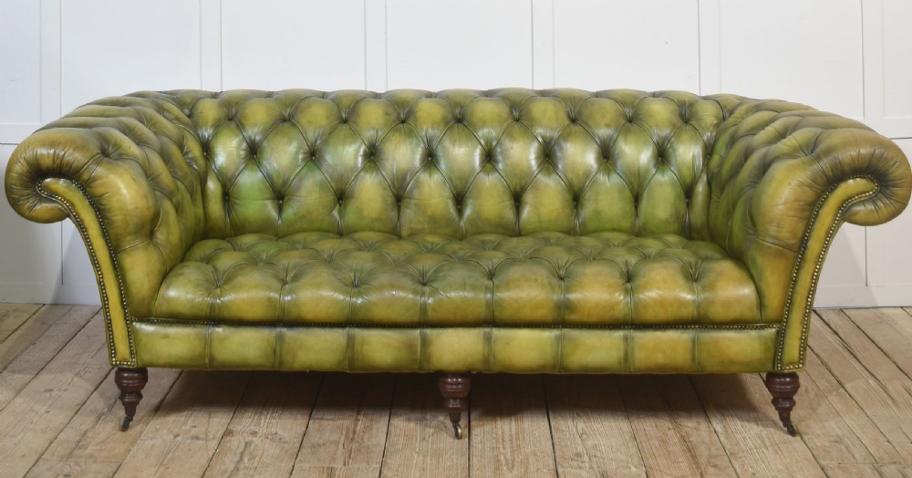 Hand-Dyed Green Leather Chesterfield Sofa