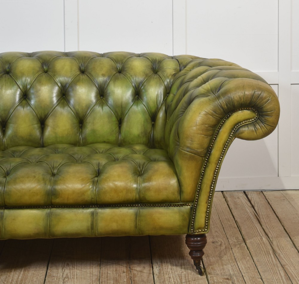 Hand-Dyed Green Leather Chesterfield Sofa View VII
