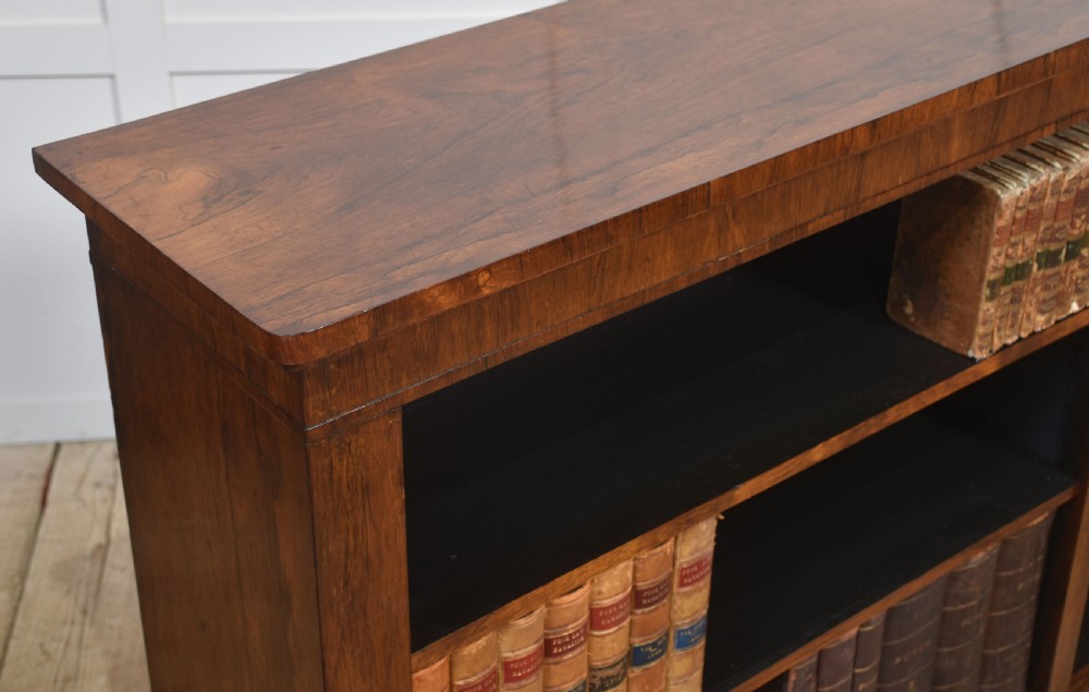 A nineteenth-century low rosewood open bookcase featuring two wide bays with adjustable horizontal shelves and a simple plinth base. View V