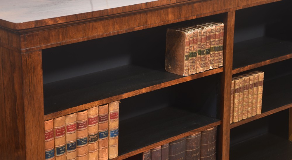 A nineteenth-century low rosewood open bookcase featuring two wide bays with adjustable horizontal shelves and a simple plinth base. View VII
