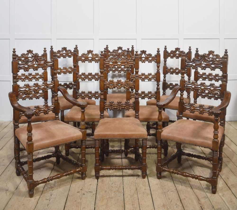 Set of Ten Antique Walnut High-Back Dining Chairs