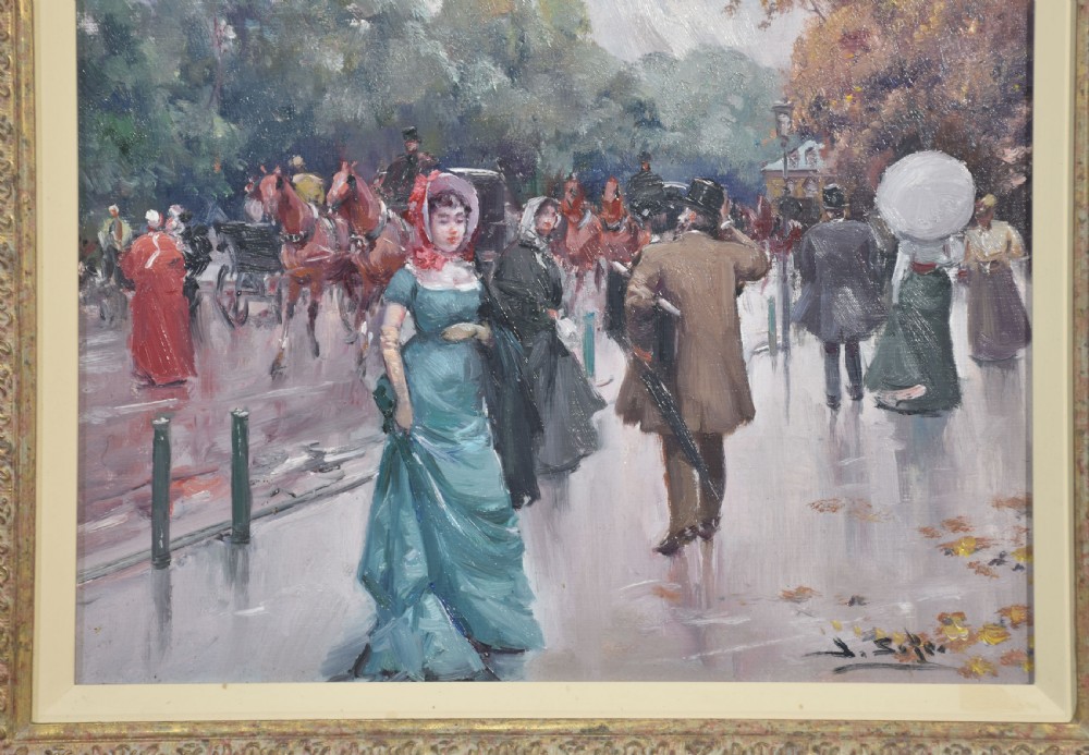 An oil painting depicting a street scene with figures in 19th-century clothing set within a carved gold gilt frame. View II