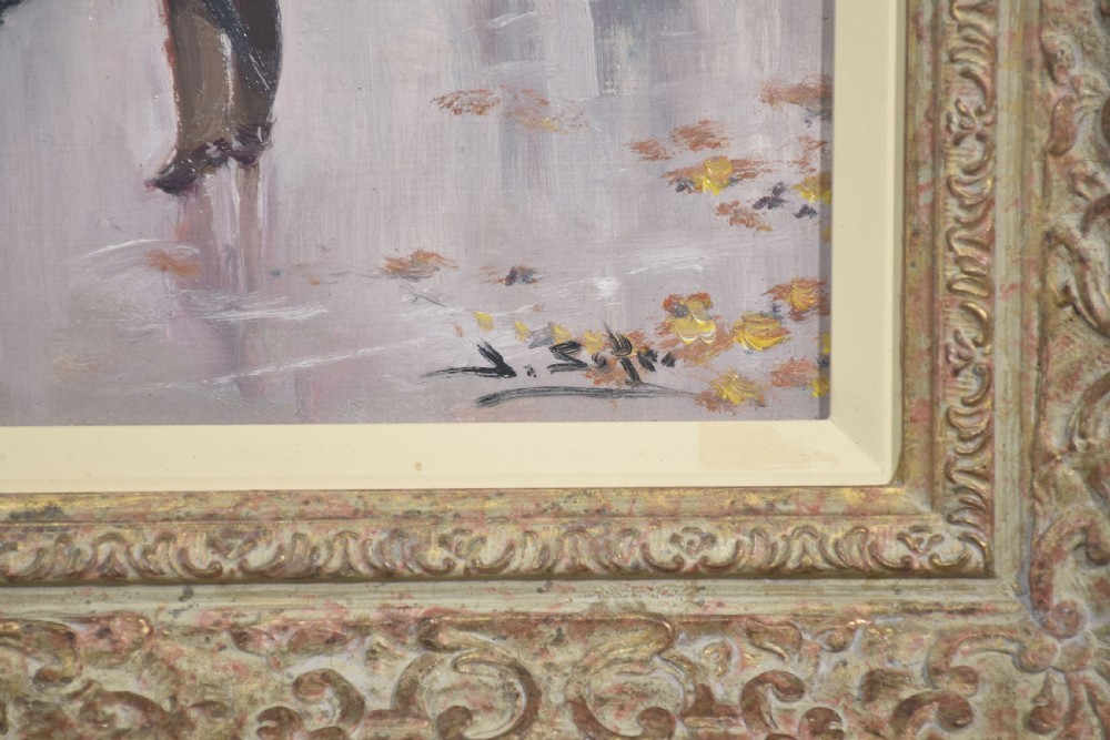 An oil painting depicting a street scene with figures in 19th-century clothing set within a carved gold gilt frame. View III