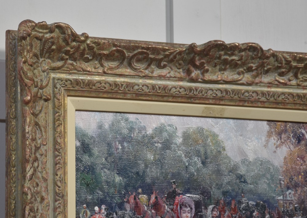 An oil painting depicting a street scene with figures in 19th-century clothing set within a carved gold gilt frame. View V