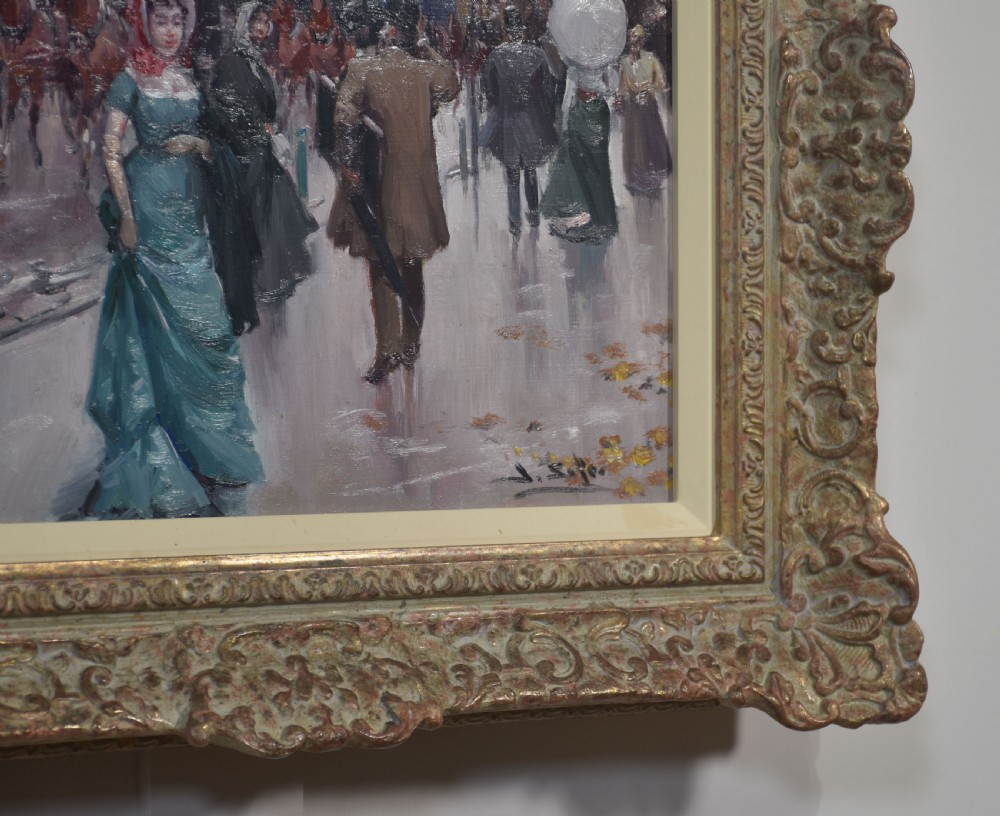 An oil painting depicting a street scene with figures in 19th-century clothing set within a carved gold gilt frame. View VII