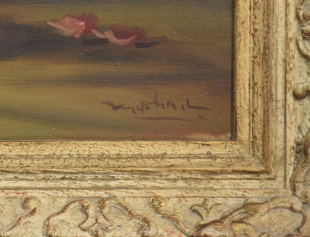 An antique framed oil painting depicting pink and red roses arranged in a light ceramic vase against a muted olive green background. View II