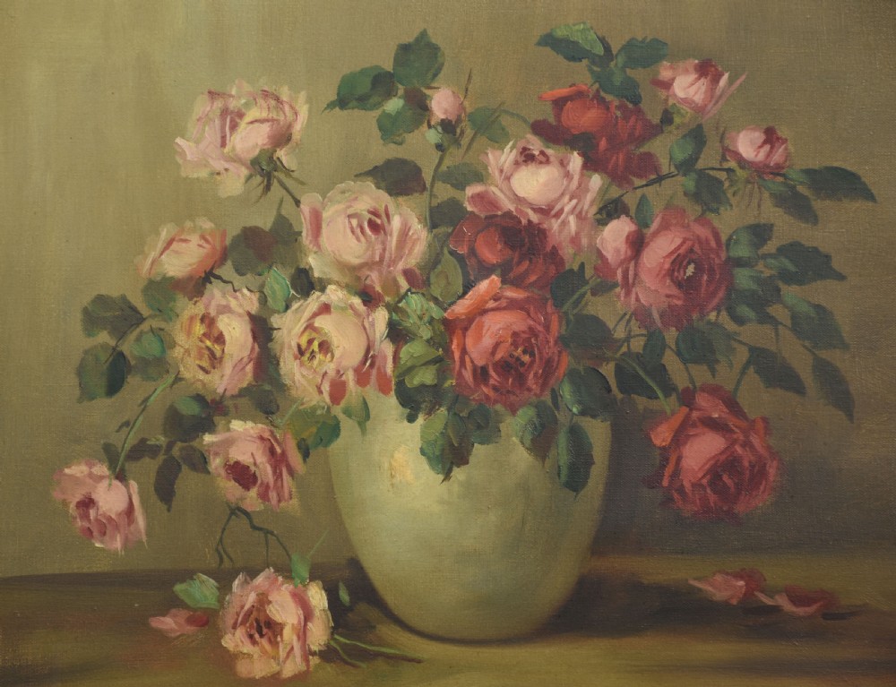 An antique framed oil painting depicting pink and red roses arranged in a light ceramic vase against a muted olive green background. View VIII