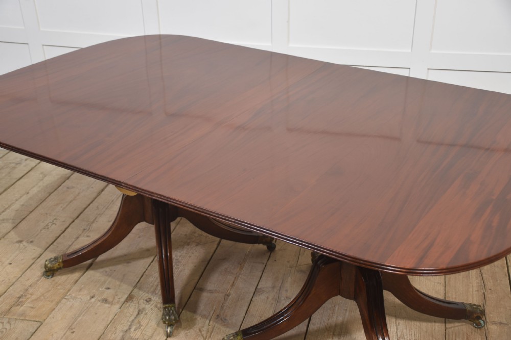 A long polished mahogany triple pedestal dining table featuring rounded corners, reeded splayed legs, and brass claw feet. View XVII
