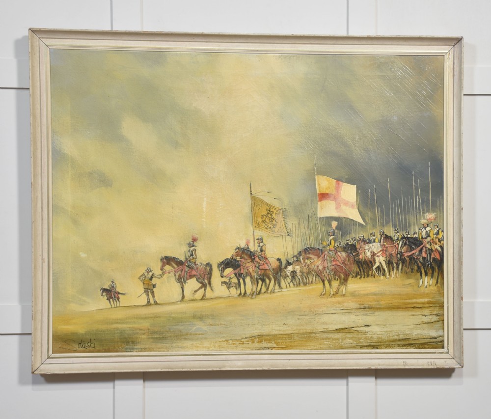 An oil painting on canvas depicting a historic cavalry procession on horseback holding banners against a pale yellow sky, framed in painted light wood.