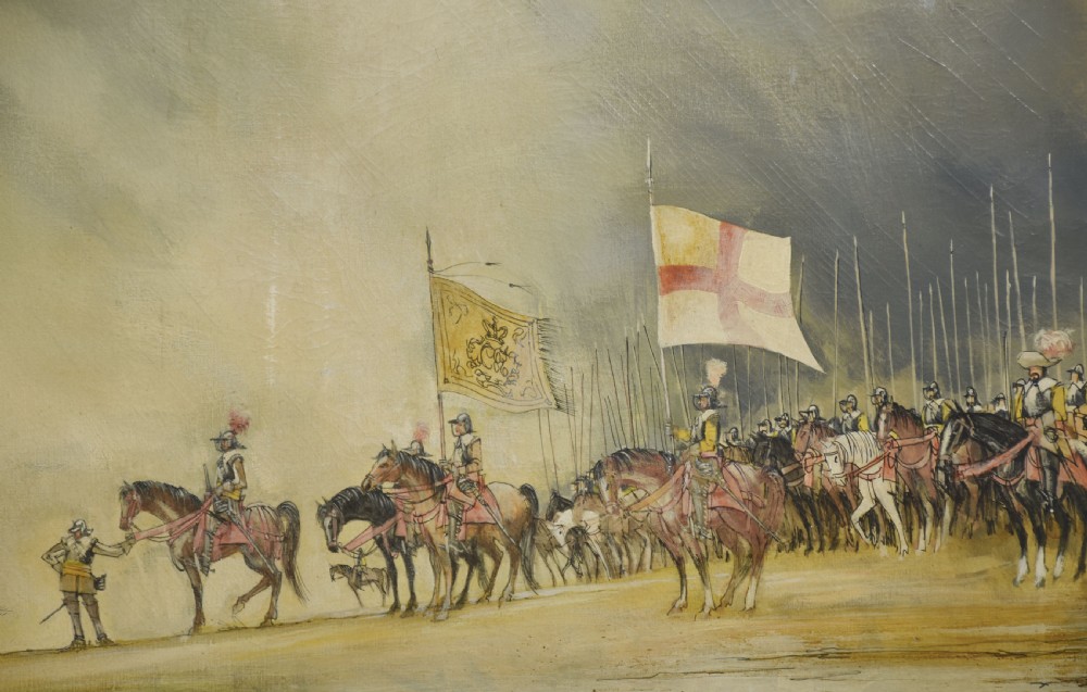 An oil painting on canvas depicting a historic cavalry procession on horseback holding banners against a pale yellow sky, framed in painted light wood. View II