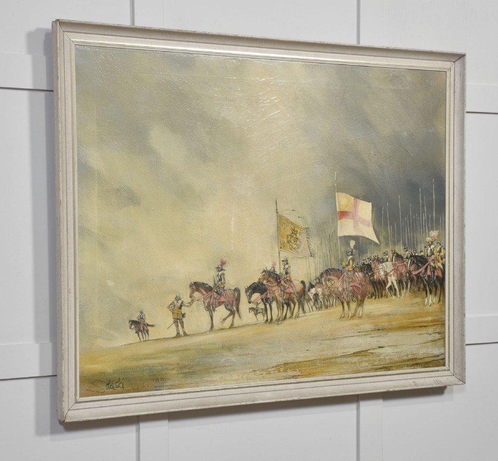 An oil painting on canvas depicting a historic cavalry procession on horseback holding banners against a pale yellow sky, framed in painted light wood. View III