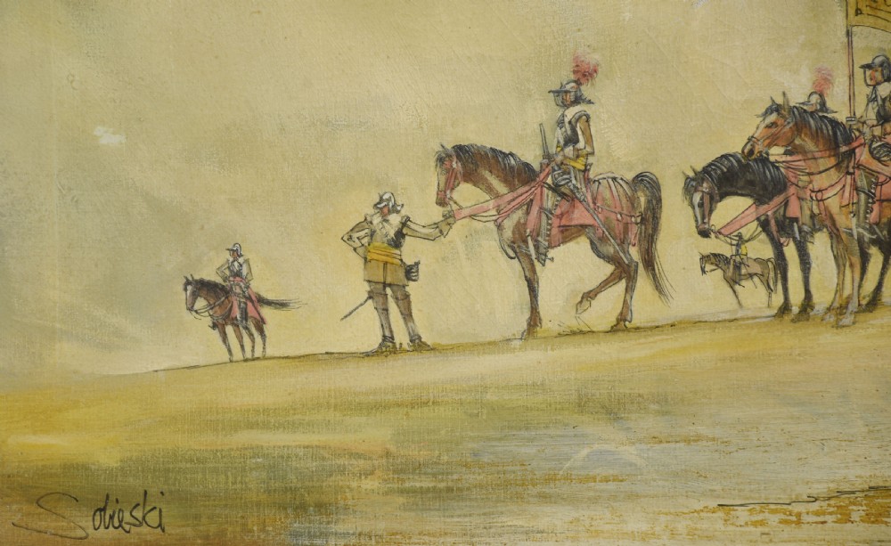 An oil painting on canvas depicting a historic cavalry procession on horseback holding banners against a pale yellow sky, framed in painted light wood. View IV