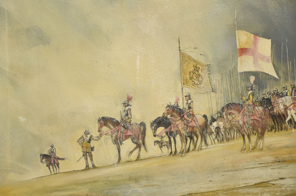 An oil painting on canvas depicting a historic cavalry procession on horseback holding banners against a pale yellow sky, framed in painted light wood. View V