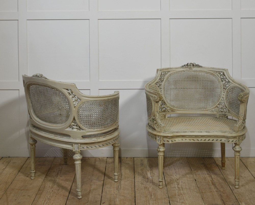 Elegant Pair of French Carved & Caned Tub Chairs In The Louis XVI Style View XII