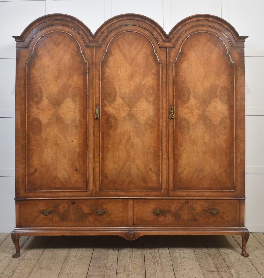 Queen Anne–Style Walnut Triple Wardrobe