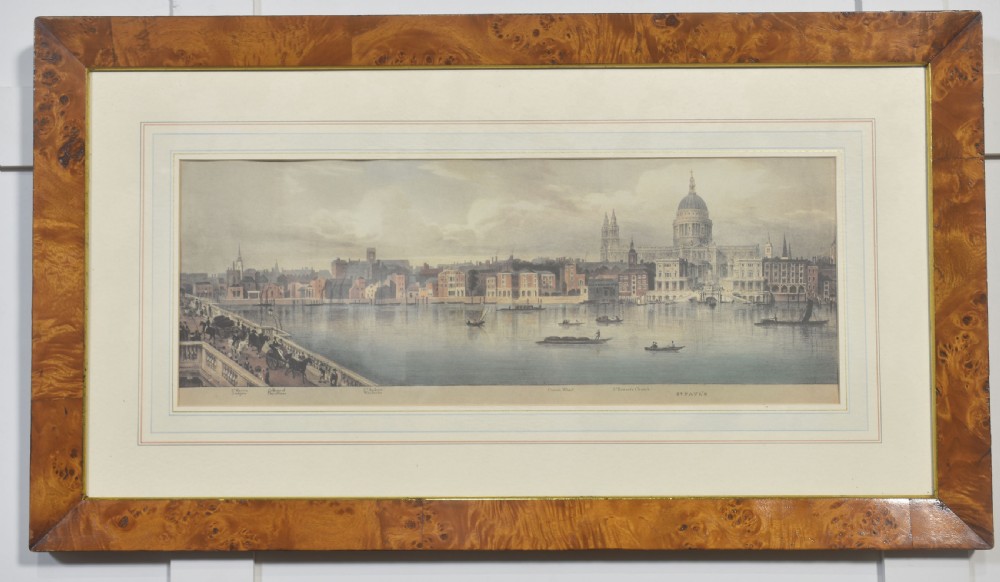 A set of six matching framed rectangular prints displaying panoramic views of the River Thames set within rich burr walnut frames with light cream mounts. View II