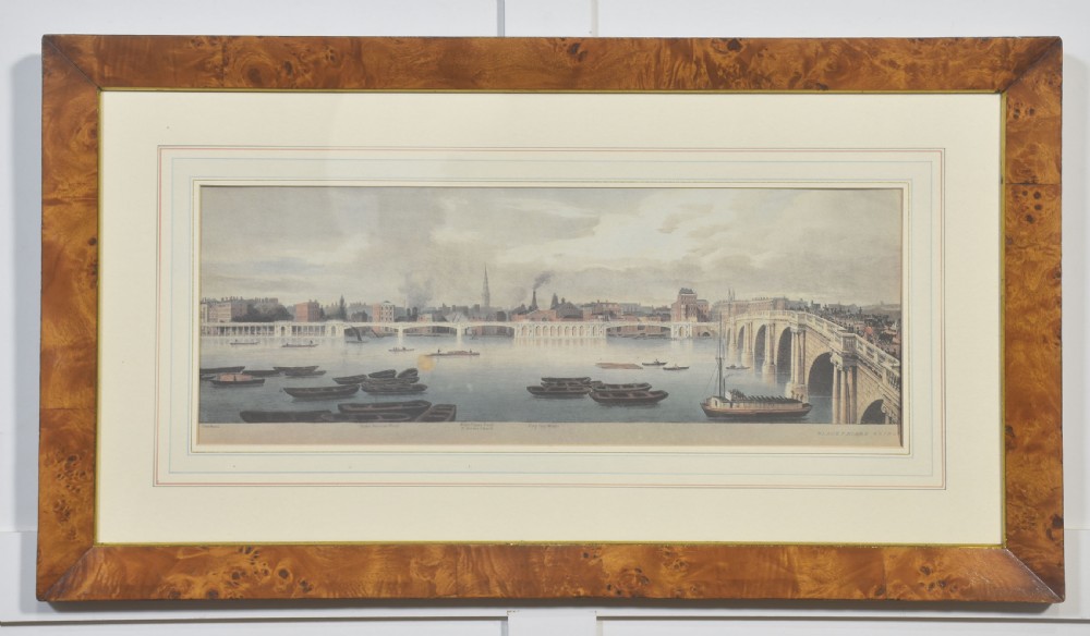 A set of six matching framed rectangular prints displaying panoramic views of the River Thames set within rich burr walnut frames with light cream mounts. View III