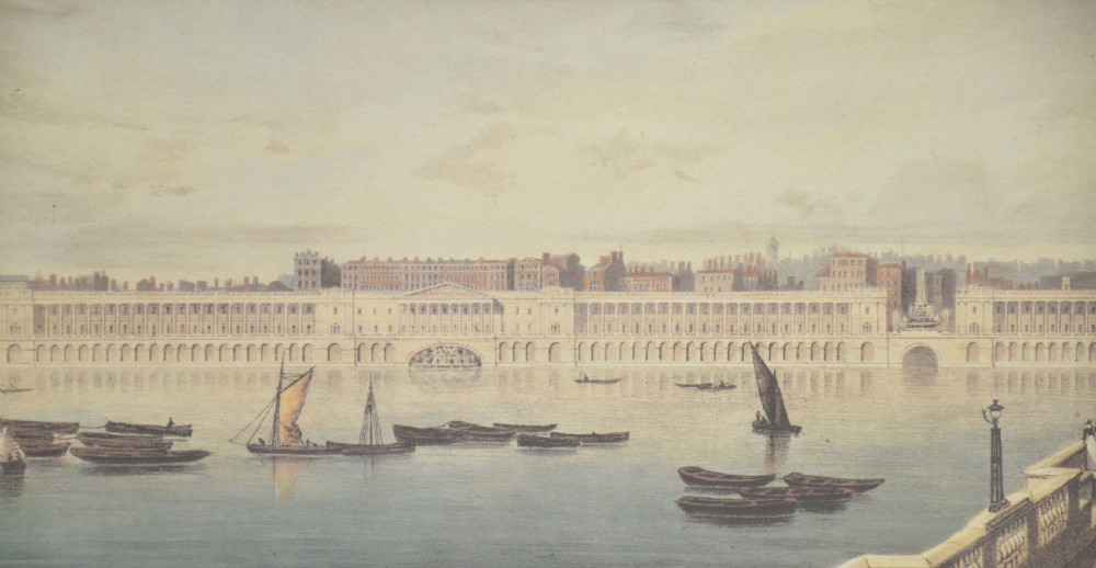 A set of six matching framed rectangular prints displaying panoramic views of the River Thames set within rich burr walnut frames with light cream mounts. View IV