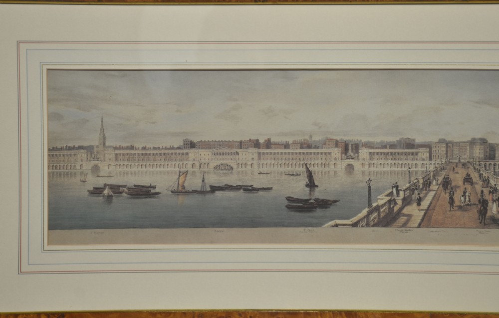A set of six matching framed rectangular prints displaying panoramic views of the River Thames set within rich burr walnut frames with light cream mounts. View VII