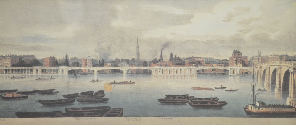 A set of six matching framed rectangular prints displaying panoramic views of the River Thames set within rich burr walnut frames with light cream mounts. View VIII