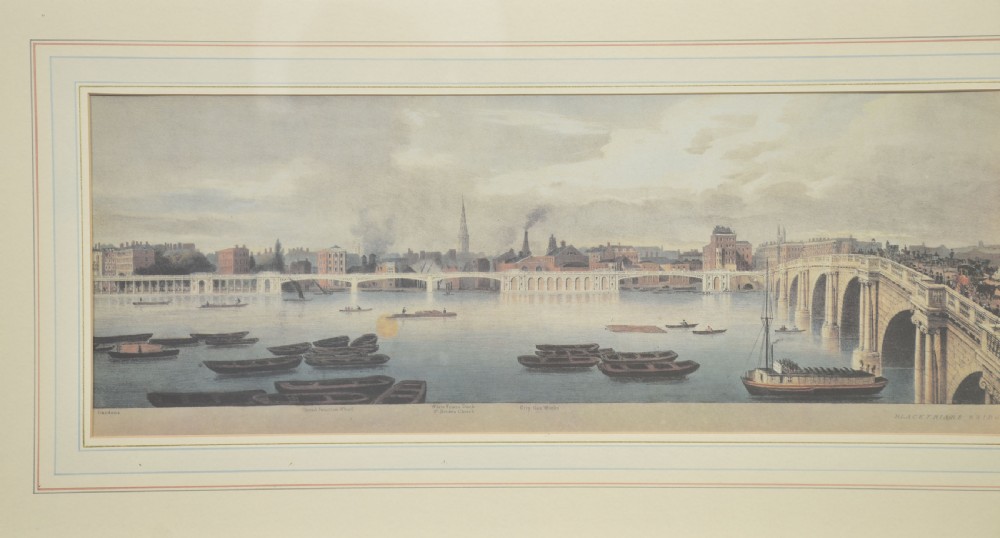 A set of six matching framed rectangular prints displaying panoramic views of the River Thames set within rich burr walnut frames with light cream mounts. View IX