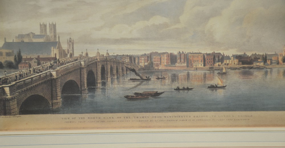 A set of six matching framed rectangular prints displaying panoramic views of the River Thames set within rich burr walnut frames with light cream mounts. View XII