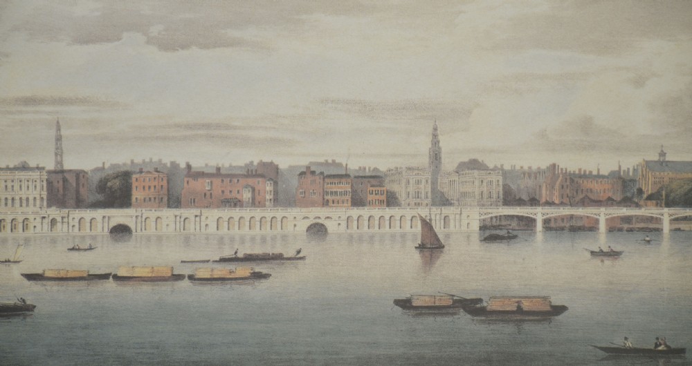 A set of six matching framed rectangular prints displaying panoramic views of the River Thames set within rich burr walnut frames with light cream mounts. View XV