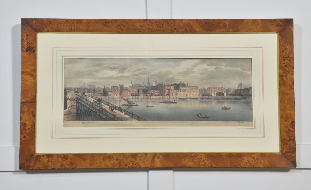 A set of six matching framed rectangular prints displaying panoramic views of the River Thames set within rich burr walnut frames with light cream mounts. View XVI