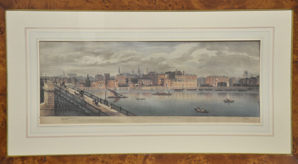 A set of six matching framed rectangular prints displaying panoramic views of the River Thames set within rich burr walnut frames with light cream mounts. View XVII