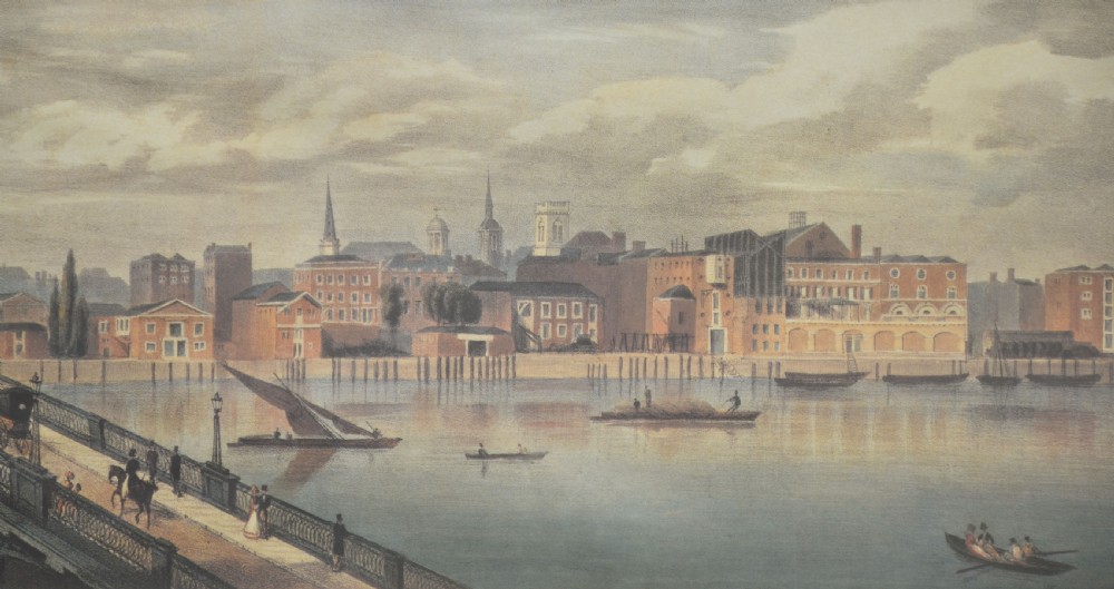 A set of six matching framed rectangular prints displaying panoramic views of the River Thames set within rich burr walnut frames with light cream mounts. View XVIII