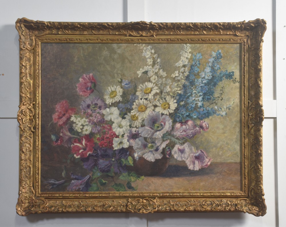 Oil on canvas still life study of a vase of flowers