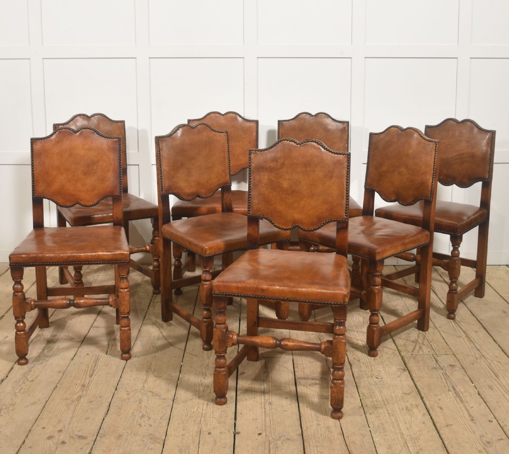  Set of Eight Oak Dining Chairs with Leather Upholstery