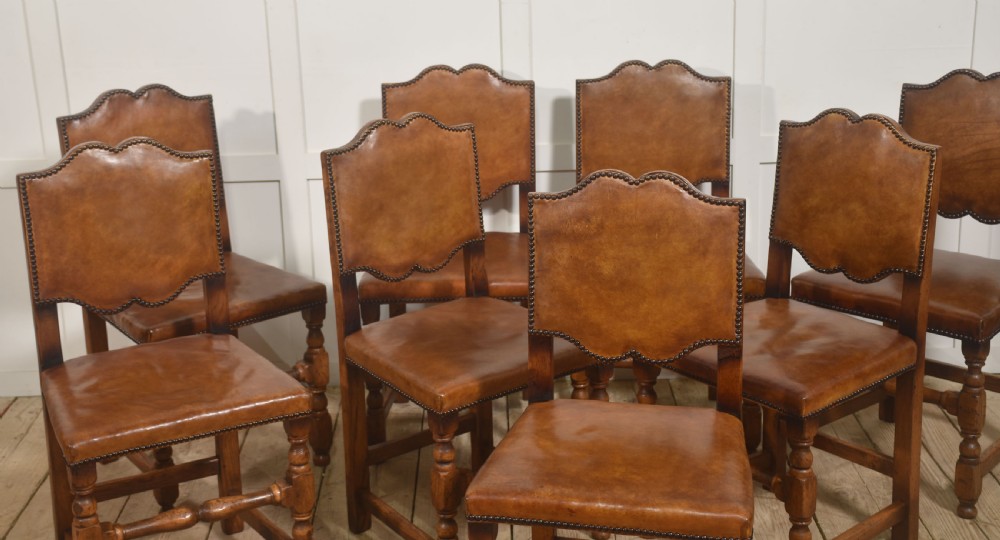  Set of Eight Oak Dining Chairs with Leather Upholstery View II