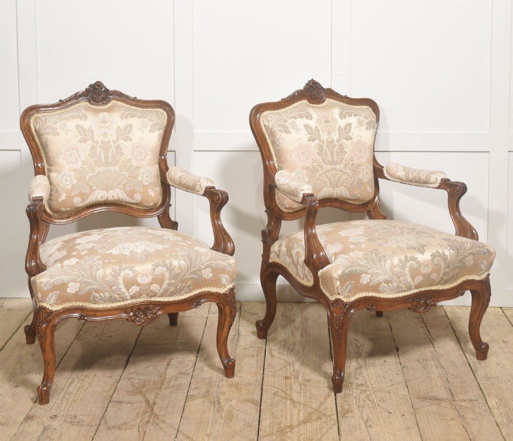 Pair of French Louis XV Style Carved Walnut Armchairs View X