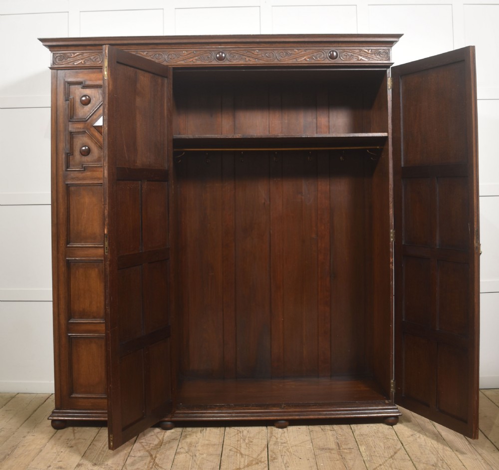 Jacobean Revival Carved Oak Triple-Door Wardrobe View IV