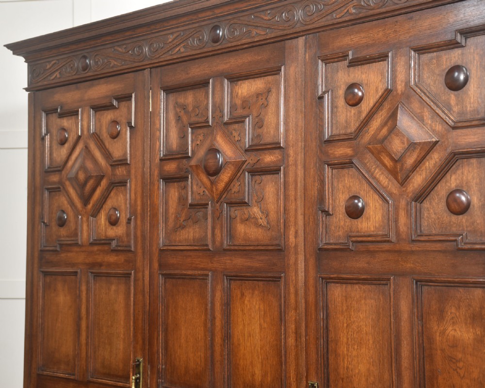Jacobean Revival Carved Oak Triple-Door Wardrobe View IX