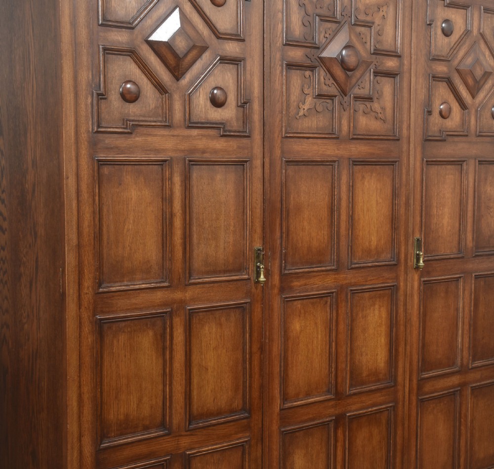 Jacobean Revival Carved Oak Triple-Door Wardrobe View XI